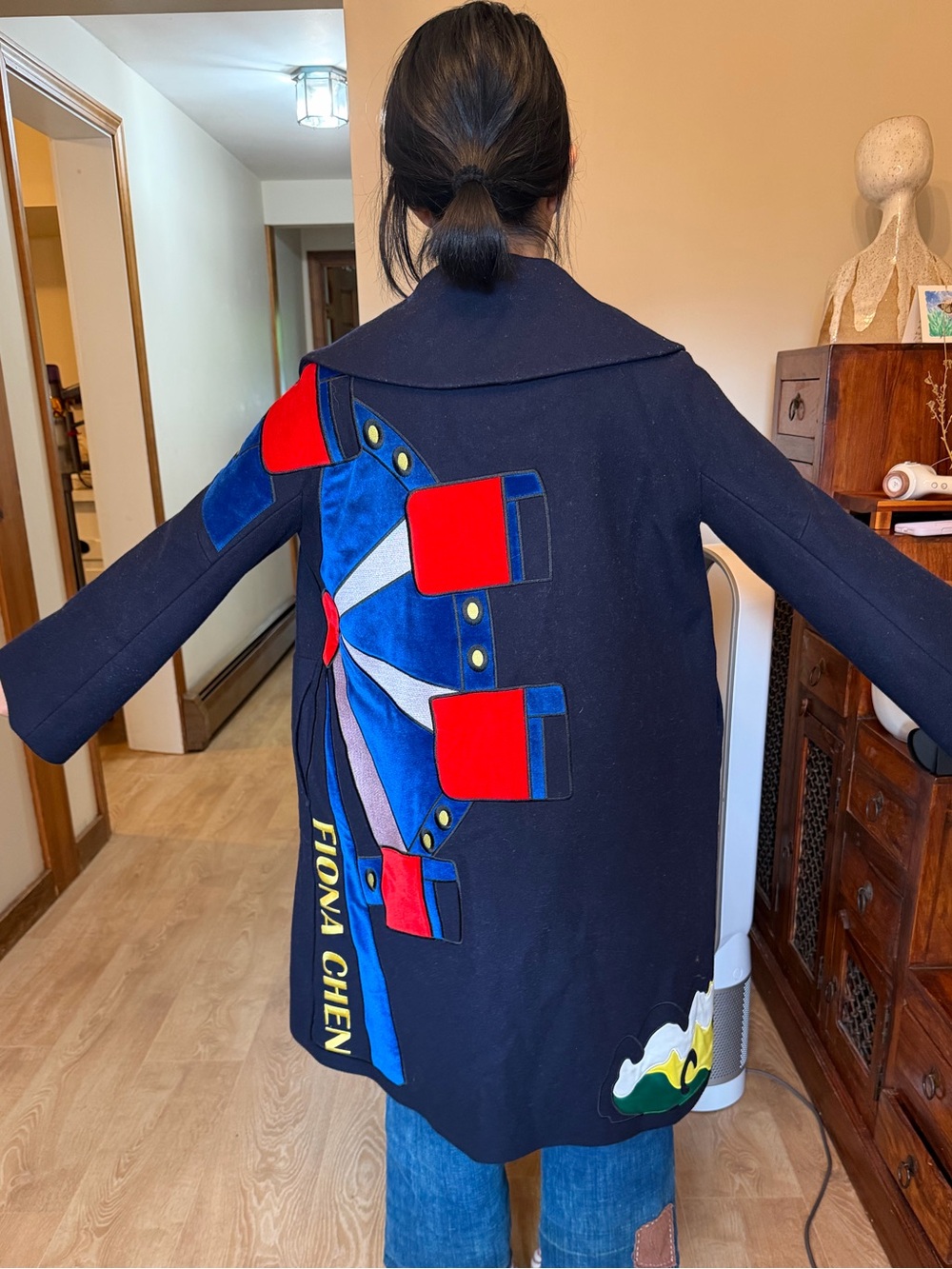 Navy Women's Wool Coat with Accent Applique very Unique